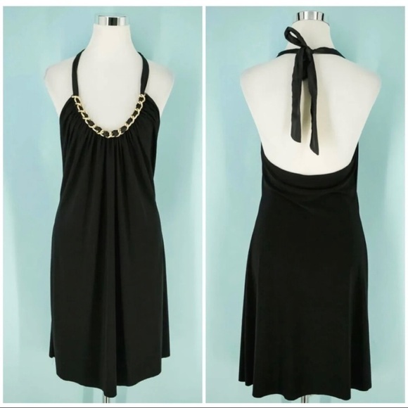 Cache Sz XS Black Slinky Gold Chain Satin Halter Mini Dress Classic USA! - Picture 5 of 8